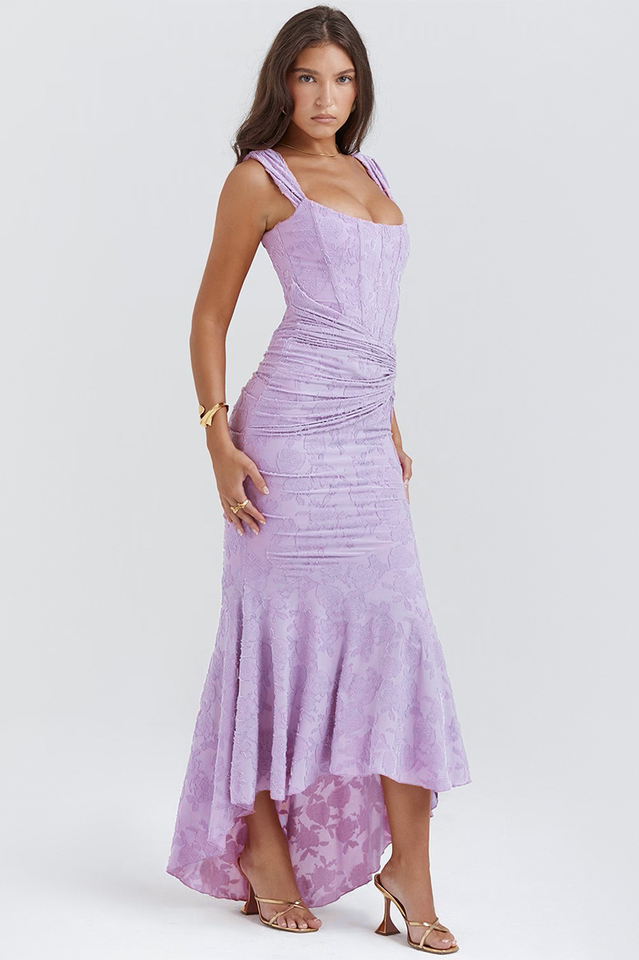 Floral Jacquard Corset Off Shoulder Ruched High Low Trumpet Maxi Gown