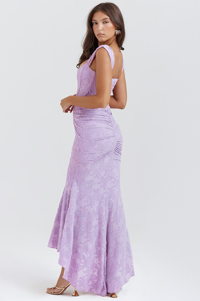 Floral Jacquard Corset Off Shoulder Ruched High Low Trumpet Maxi Gown