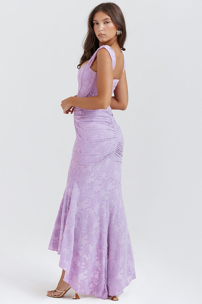 Floral Jacquard Corset Off Shoulder Ruched High Low Trumpet Maxi Gown