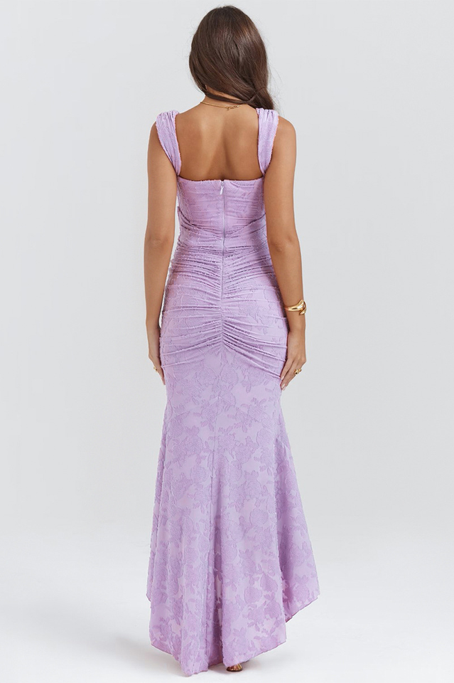 Floral Burnout Lace Corset Bodice Ruched Wrap High-Low Mermaid Midi Dress