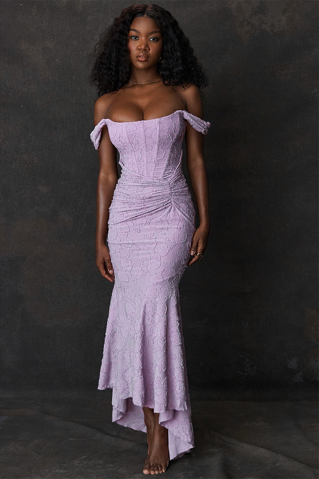 Floral Jacquard Corset Off Shoulder Ruched High Low Trumpet Maxi Gown