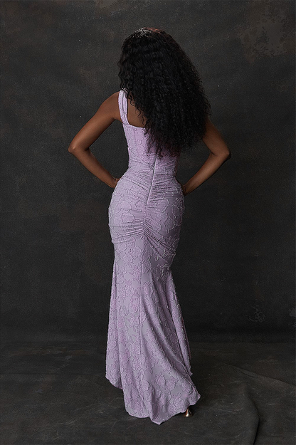 Floral Burnout Lace Corset Bodice Ruched Wrap High-Low Mermaid Midi Dress