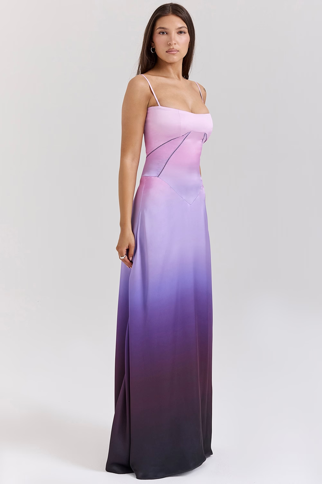Satin Corset Bustier Spaghetti Strap Basque Waist A-Line Maxi Gown