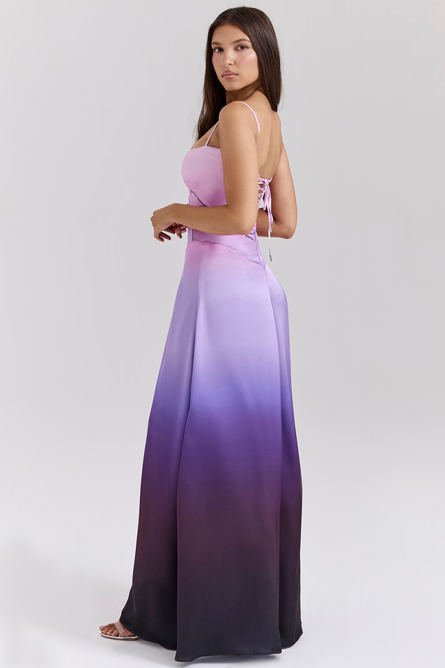 Satin Corset Bustier Spaghetti Strap Basque Waist A-Line Maxi Gown