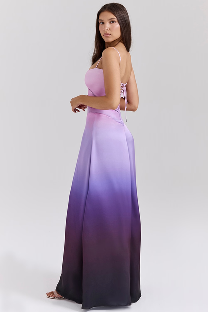 Satin Corset Bustier Spaghetti Strap Basque Waist A-Line Maxi Gown