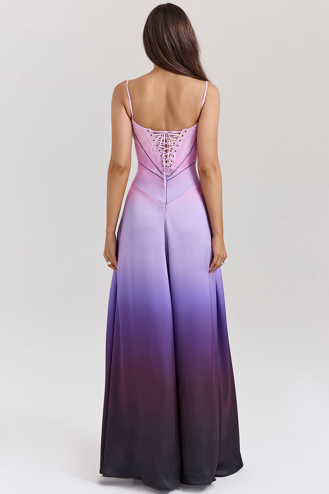 Satin Corset Bustier Spaghetti Strap Basque Waist A-Line Maxi Gown