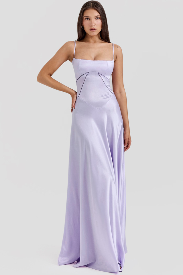 Satin Corset Bustier Spaghetti Strap Basque Waist A-Line Maxi Gown