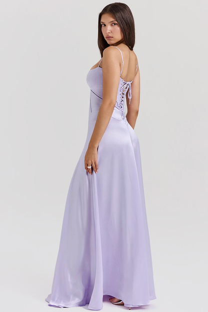 Satin Corset Bustier Spaghetti Strap Basque Waist A-Line Maxi Gown
