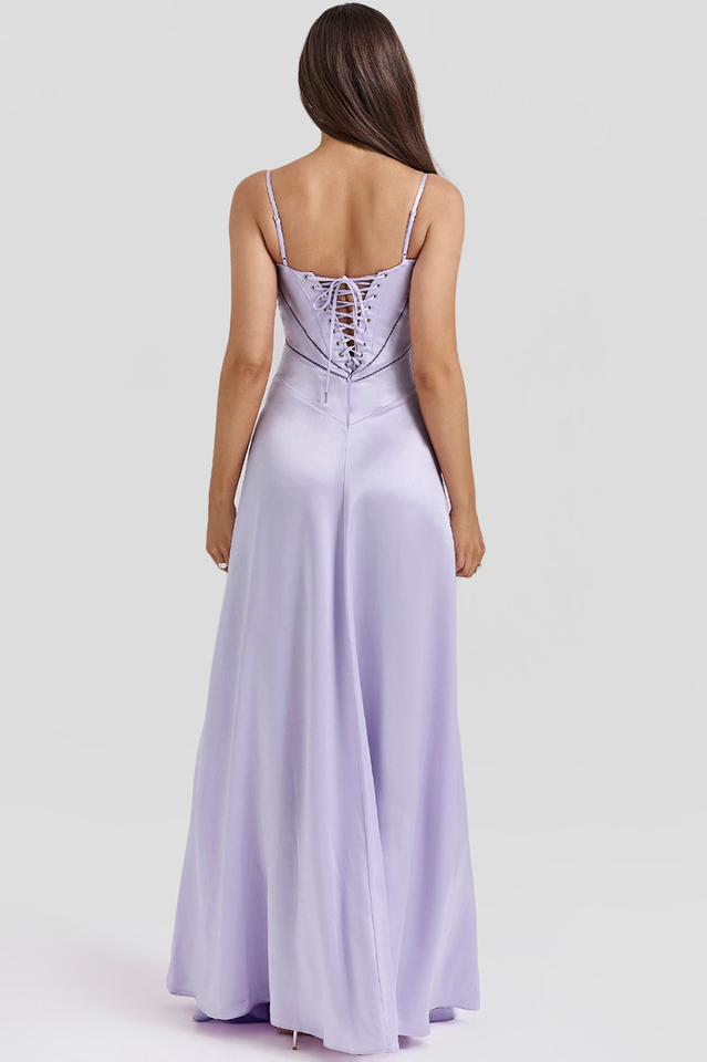 Satin Corset Bustier Spaghetti Strap Basque Waist A-Line Maxi Gown