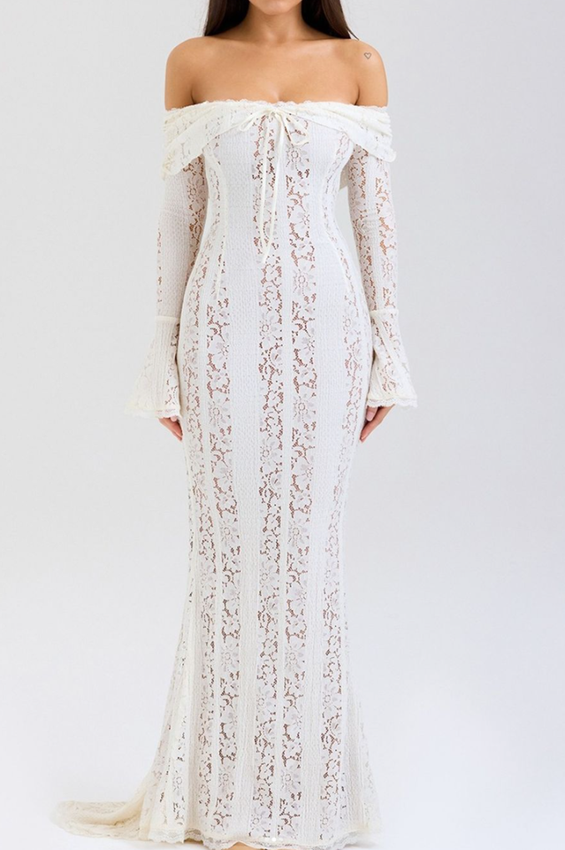Off Shoulder Center Lace Up Ruffle Trim Bell Sleeve Mermaid Lace Maxi Gown
