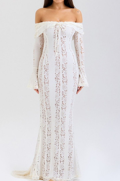 Off Shoulder Lace Bell Sleeve Drawstring Neck Bodycon Maxi Dress