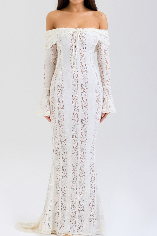 Off Shoulder Lace Bell Sleeve Drawstring Neck Bodycon Maxi Dress