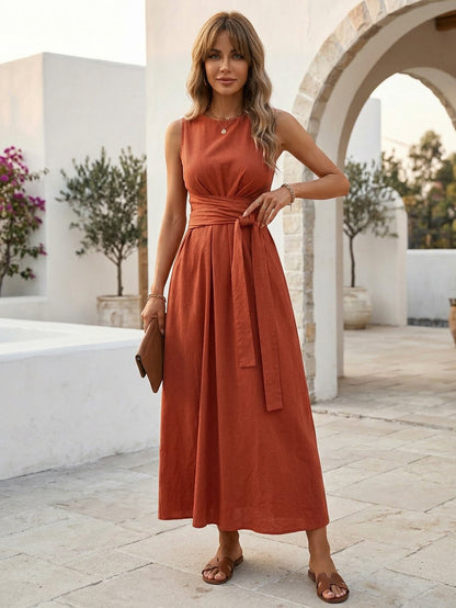 Sleeveless Tie Waist Maxi Dress For Women - Casual Solid Color A Line Sun Dress With Pockets - Summer Beach Vacation 2026