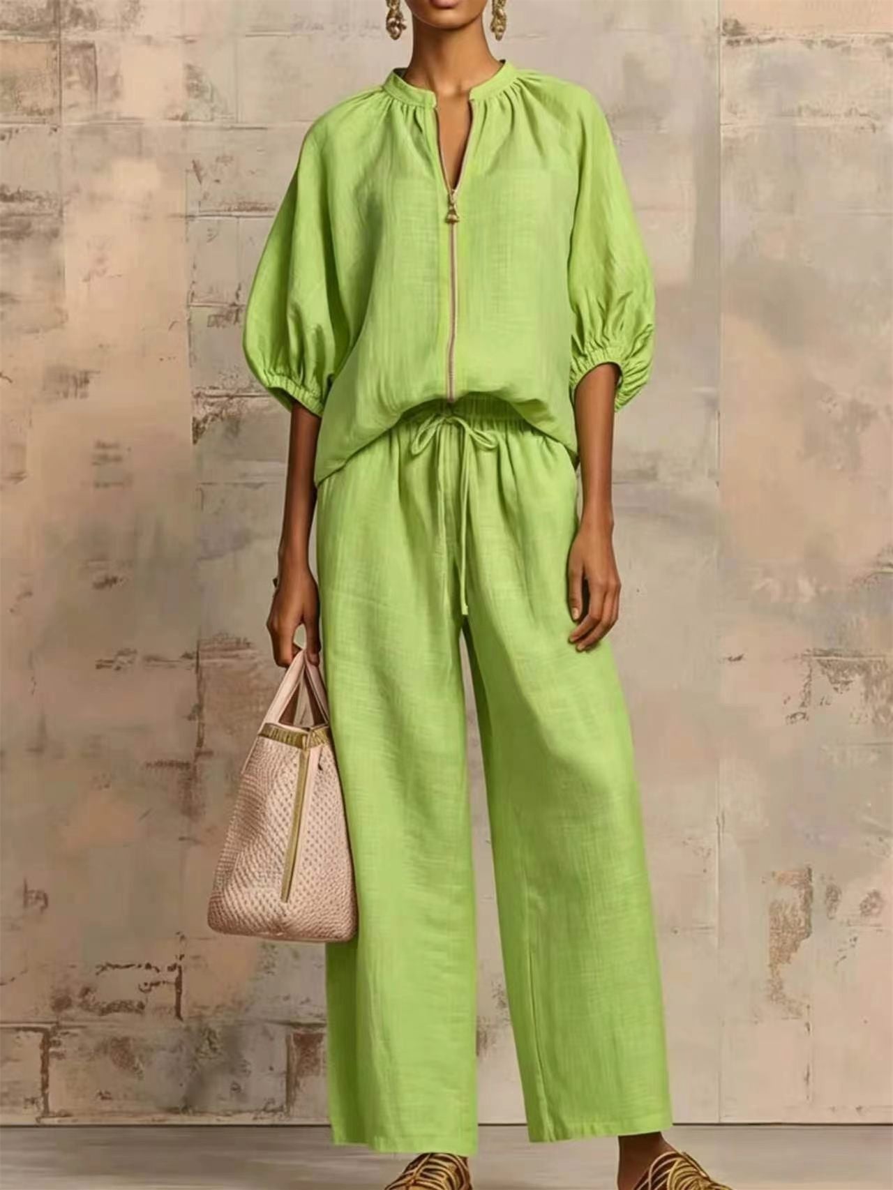 Relaxed Solid Color Top And Wide-leg Pants Two-piece Set