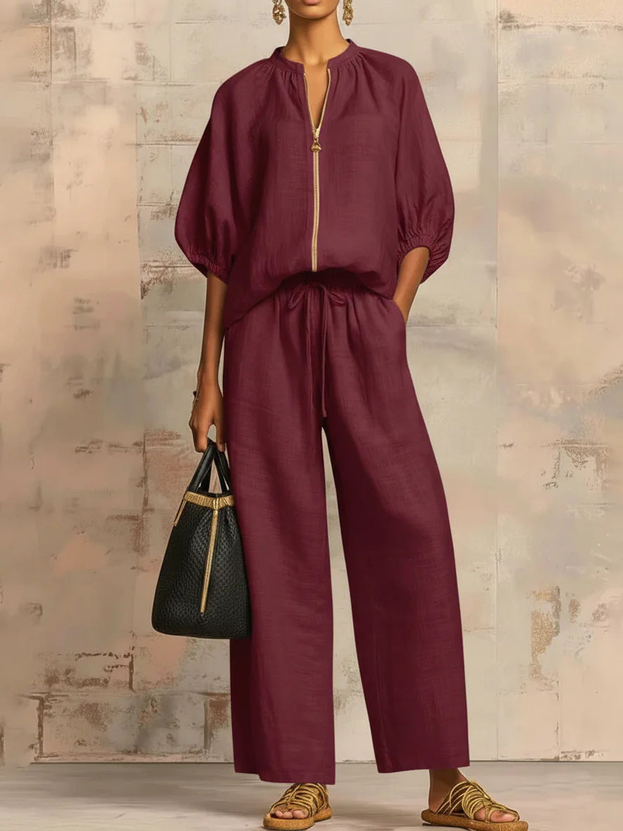 Relaxed Solid Color Top And Wide-leg Pants Two-piece Set