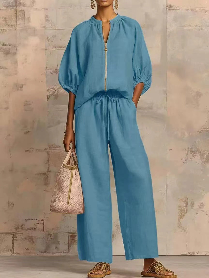 Relaxed Solid Color Top And Wide-leg Pants Two-piece Set