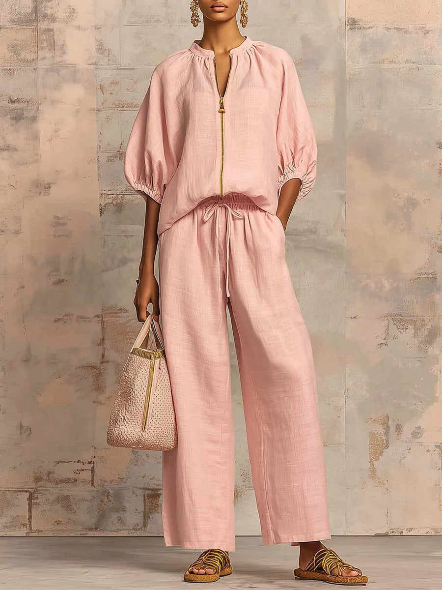 Relaxed Solid Color Top And Wide-leg Pants Two-piece Set
