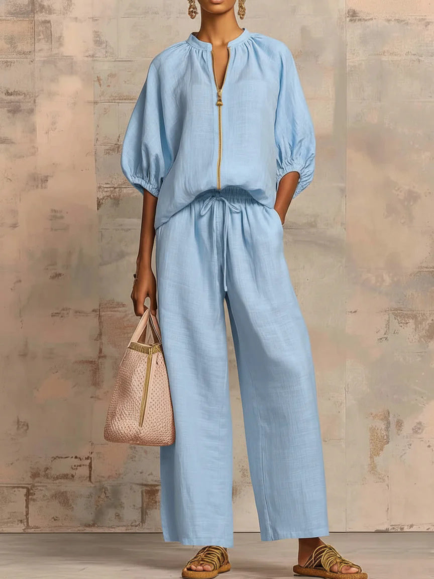 Relaxed Solid Color Top And Wide-leg Pants Two-piece Set
