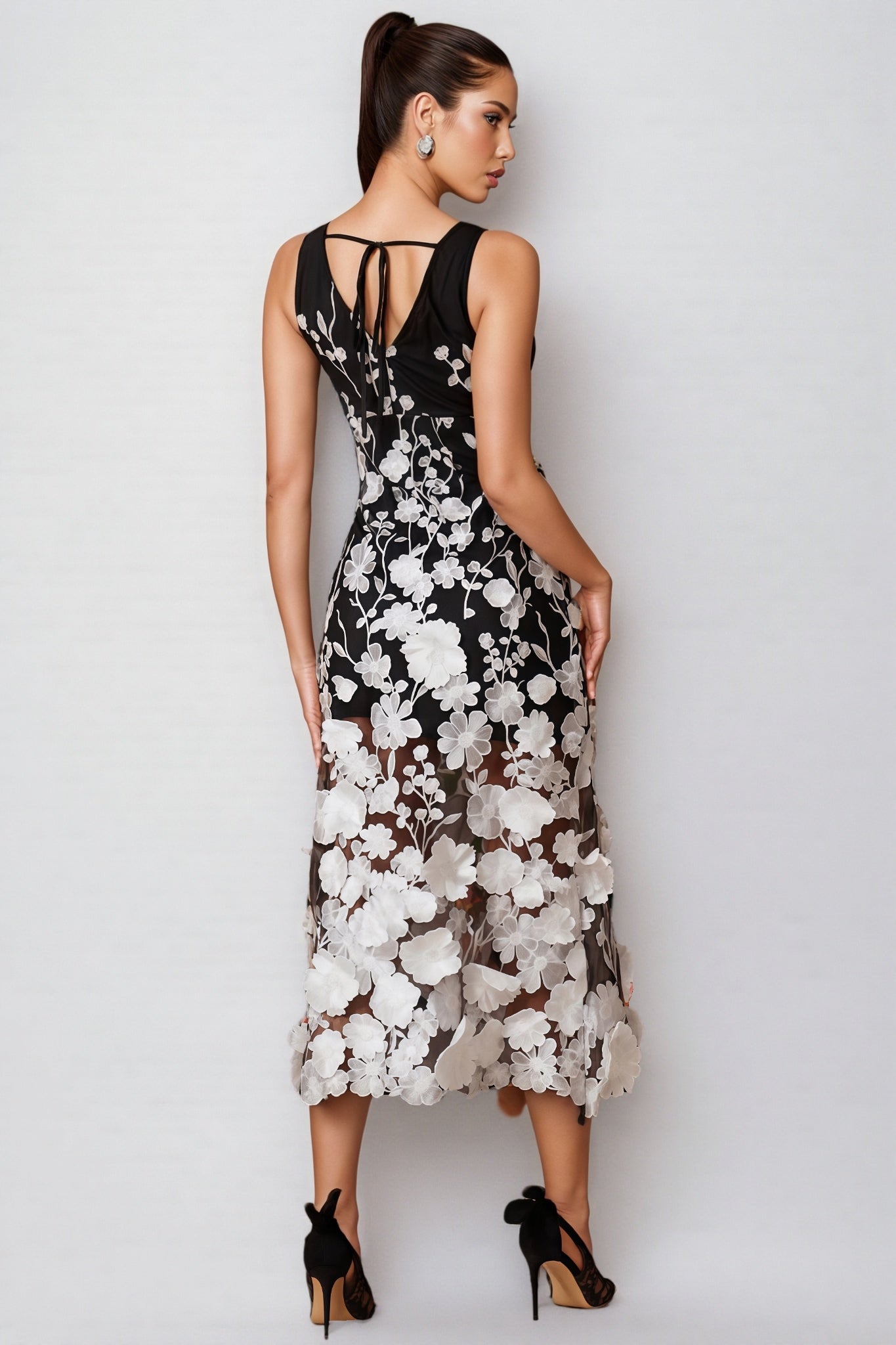 Ziska V Neck Flower Embroidered Midi Dress