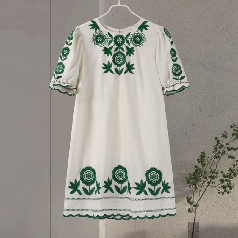Floral Embroidery Puff Sleeve Scalloped Hem Mini Dress