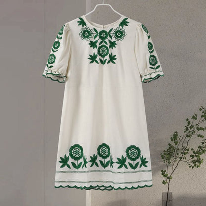Floral Embroidery Puff Sleeve Scalloped Hem Mini Dress