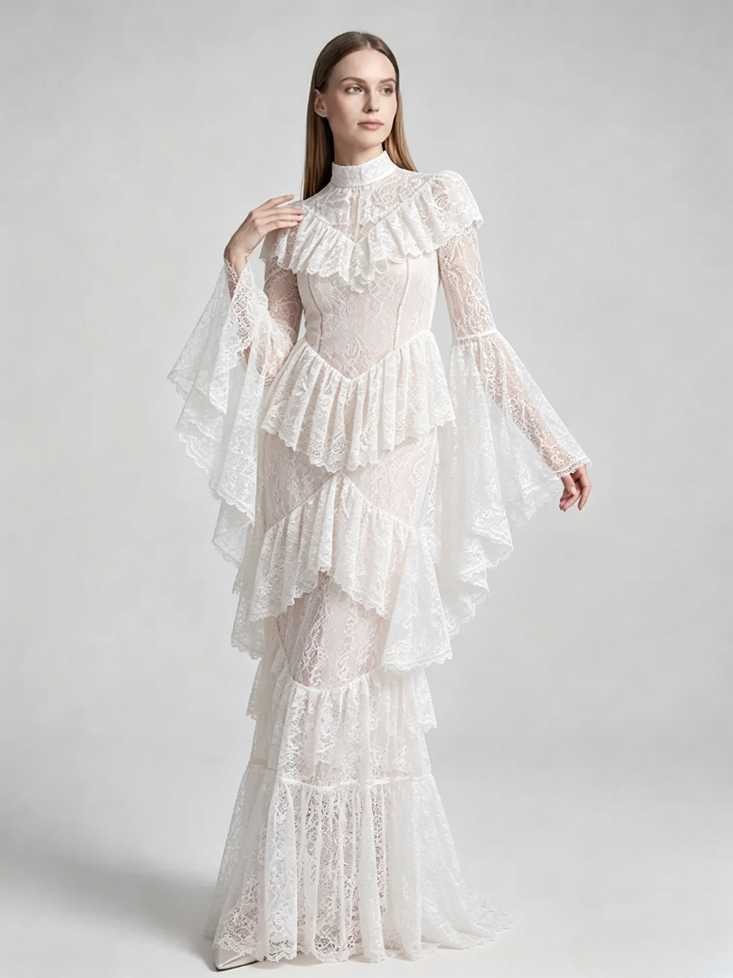 Party Dress Maxi White Stand Collar Lace Long Sleeves Shaping Flared Sleeves Chic Semi Formal Dress