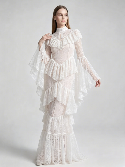 Party Dress Maxi White Stand Collar Lace Long Sleeves Shaping Flared Sleeves Chic Semi Formal Dress