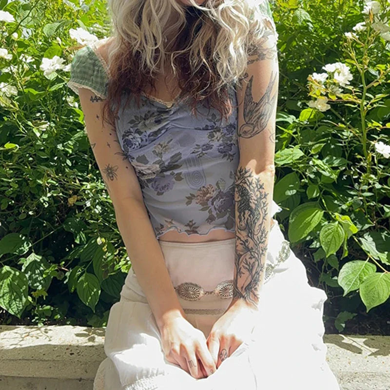 Mesh Floral Square Crop Top