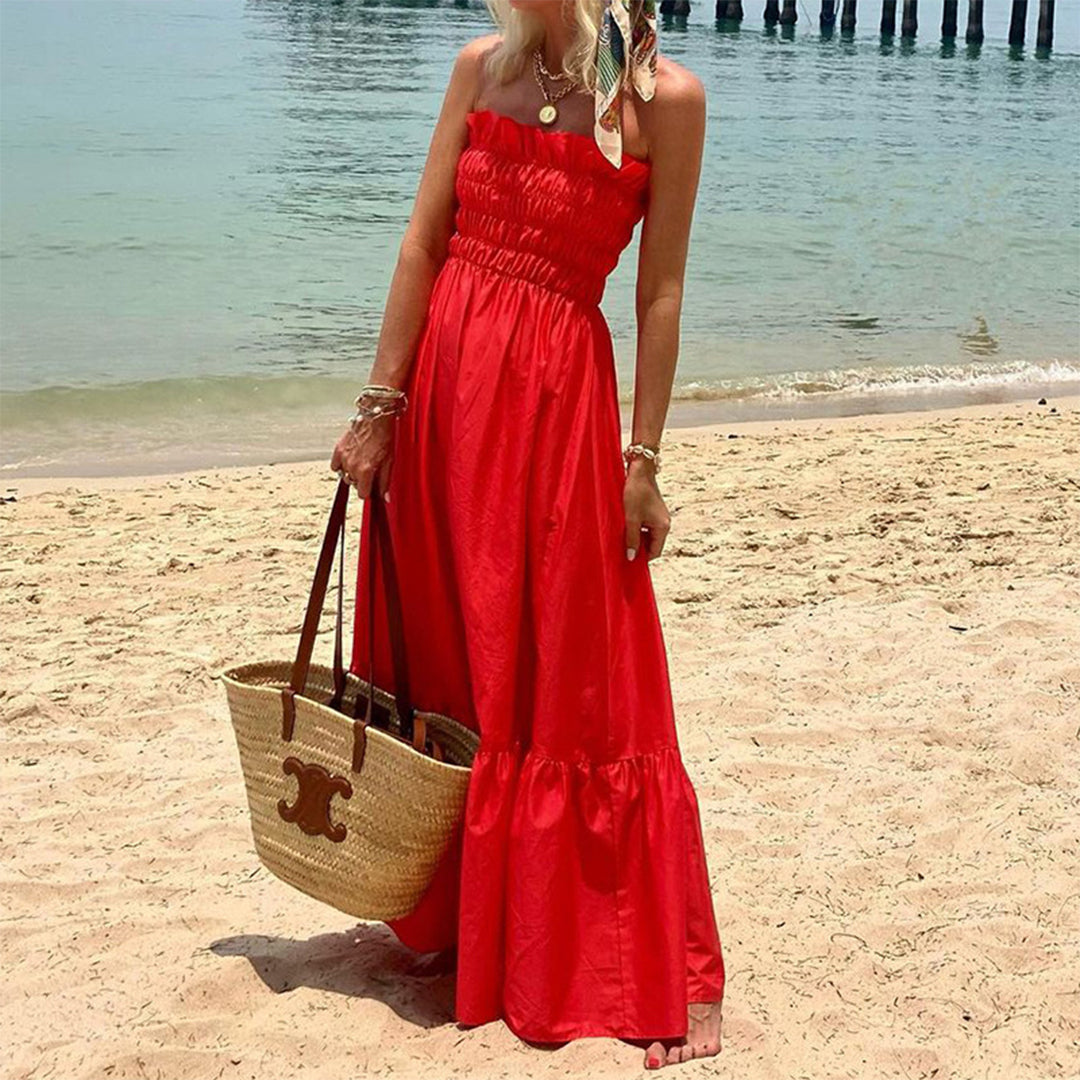 Strapless Smocked Ruffle Hem Tube Maxi Dress