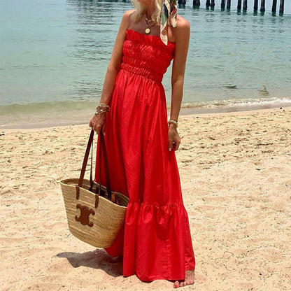 Strapless Smocked Ruffle Hem Tube Maxi Dress