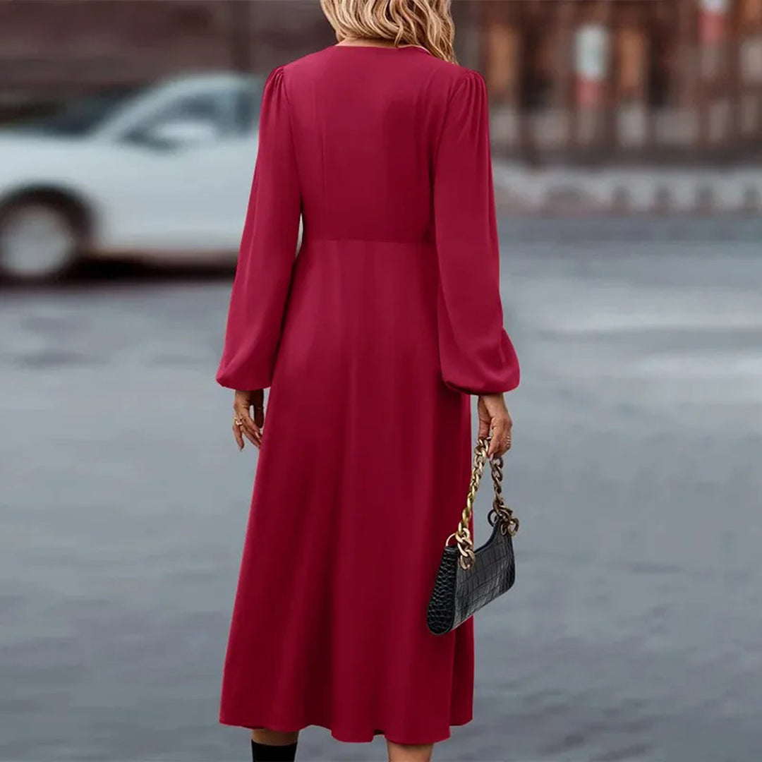 Deep V-Neck Bishop Sleeve Button-Front Pleated A-Line Midi Dress