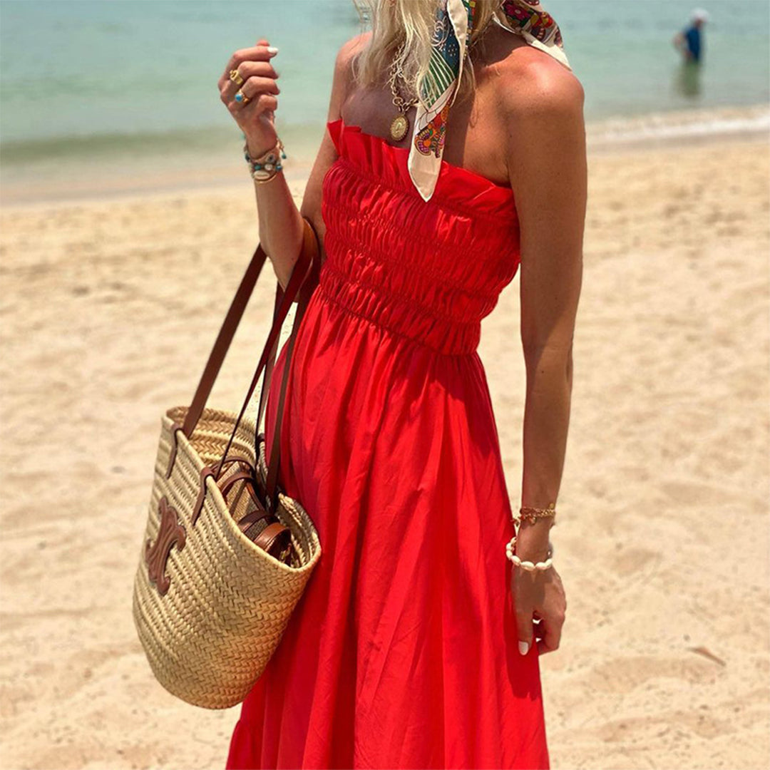 Strapless Smocked Ruffle Hem Tube Maxi Dress