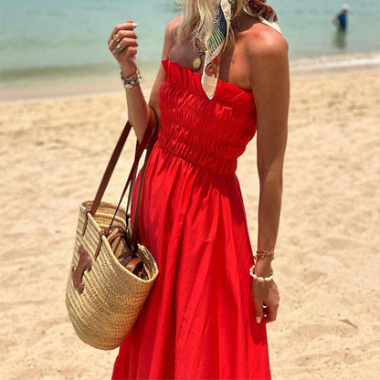 Strapless Smocked Ruffle Hem Tube Maxi Dress