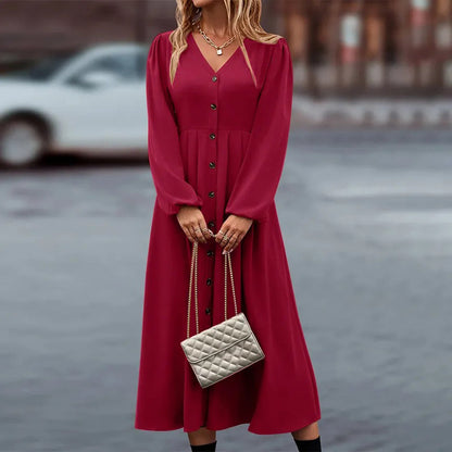 Deep V-Neck Bishop Sleeve Button-Front Pleated A-Line Midi Dress