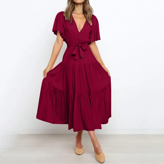 V Neck Wrap Tie Waist Tiered Flutter Sleeve Midi Dress