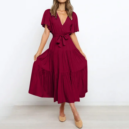 V Neck Wrap Tie Waist Tiered Flutter Sleeve Midi Dress