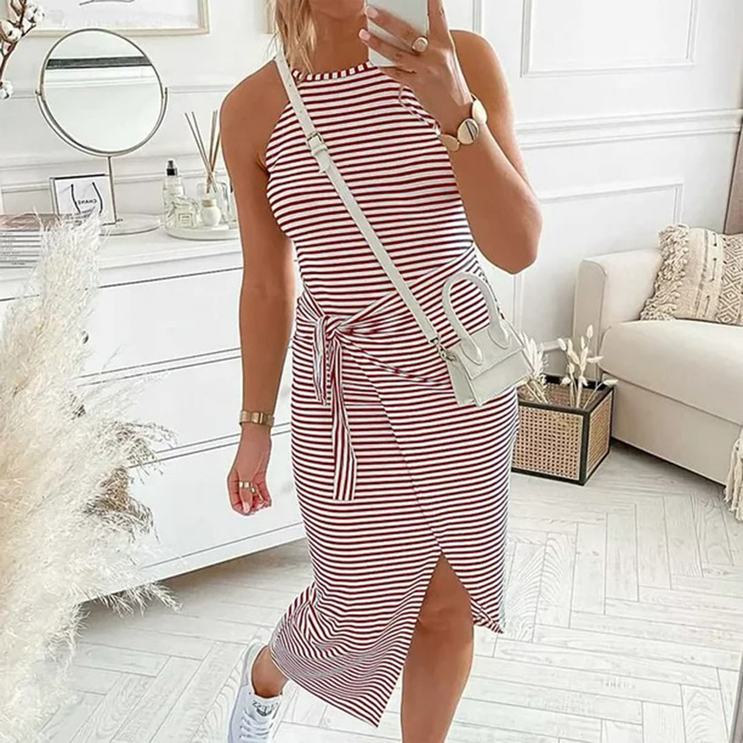 Horizontal Stripe High Neck Tie Waist Wrap Slit Midi Dress