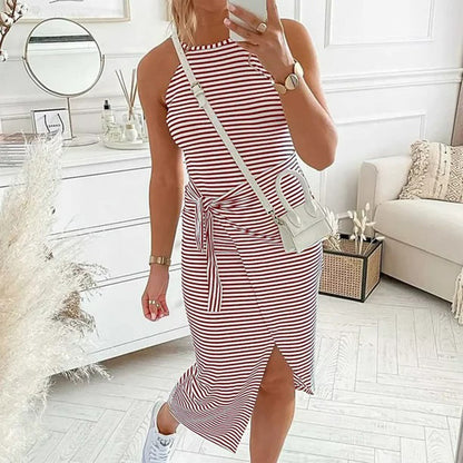 Horizontal Stripe High Neck Tie Waist Wrap Slit Midi Dress