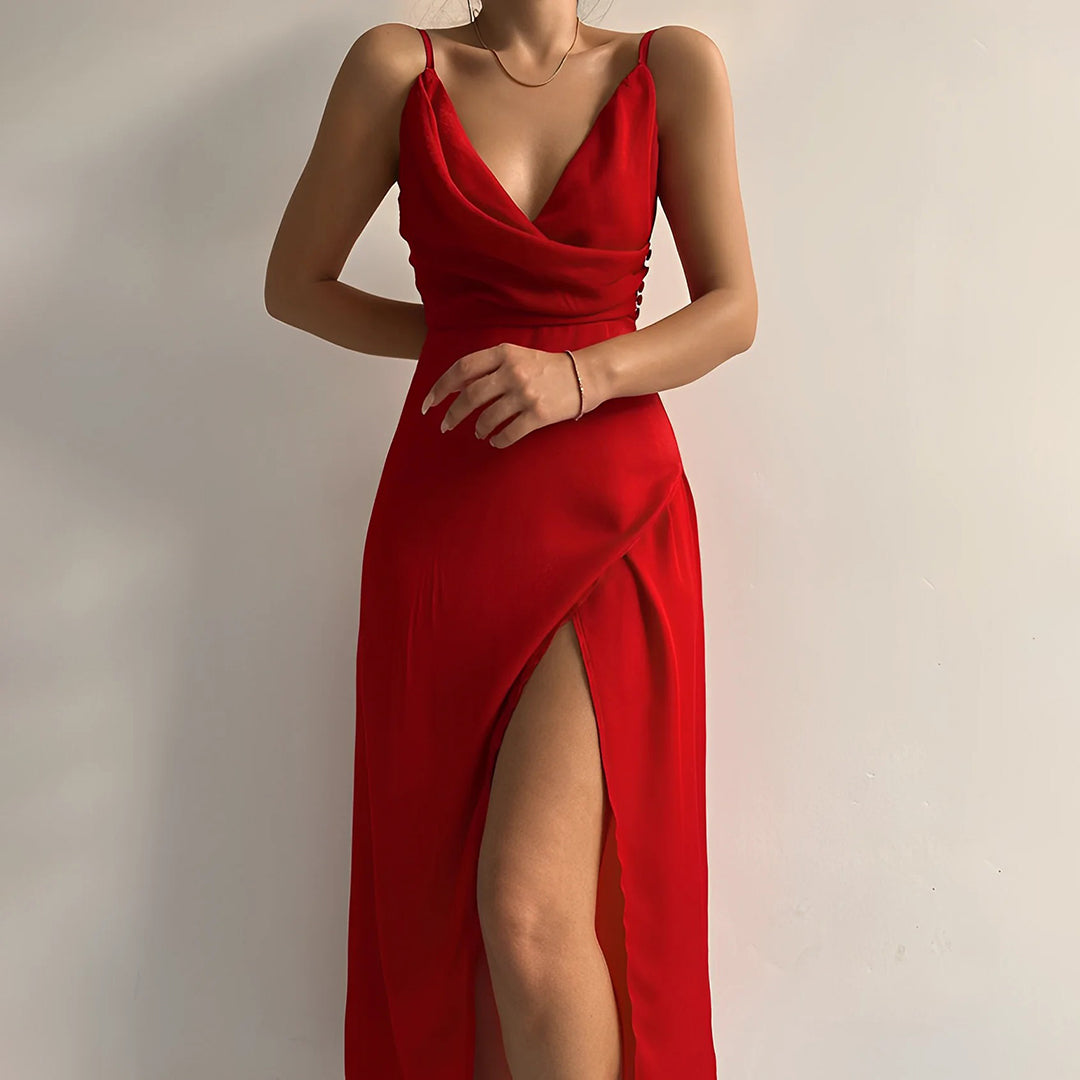 Women's Low V-Neck Sleeveless Maxi Dress With Front Slit – Elegant Evening Gown