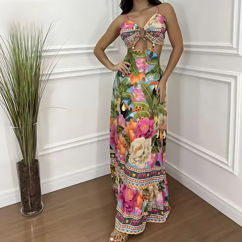 Tropical Print Spaghetti Strap Knot-Front Cutout Tiered Ruffle Maxi Dress