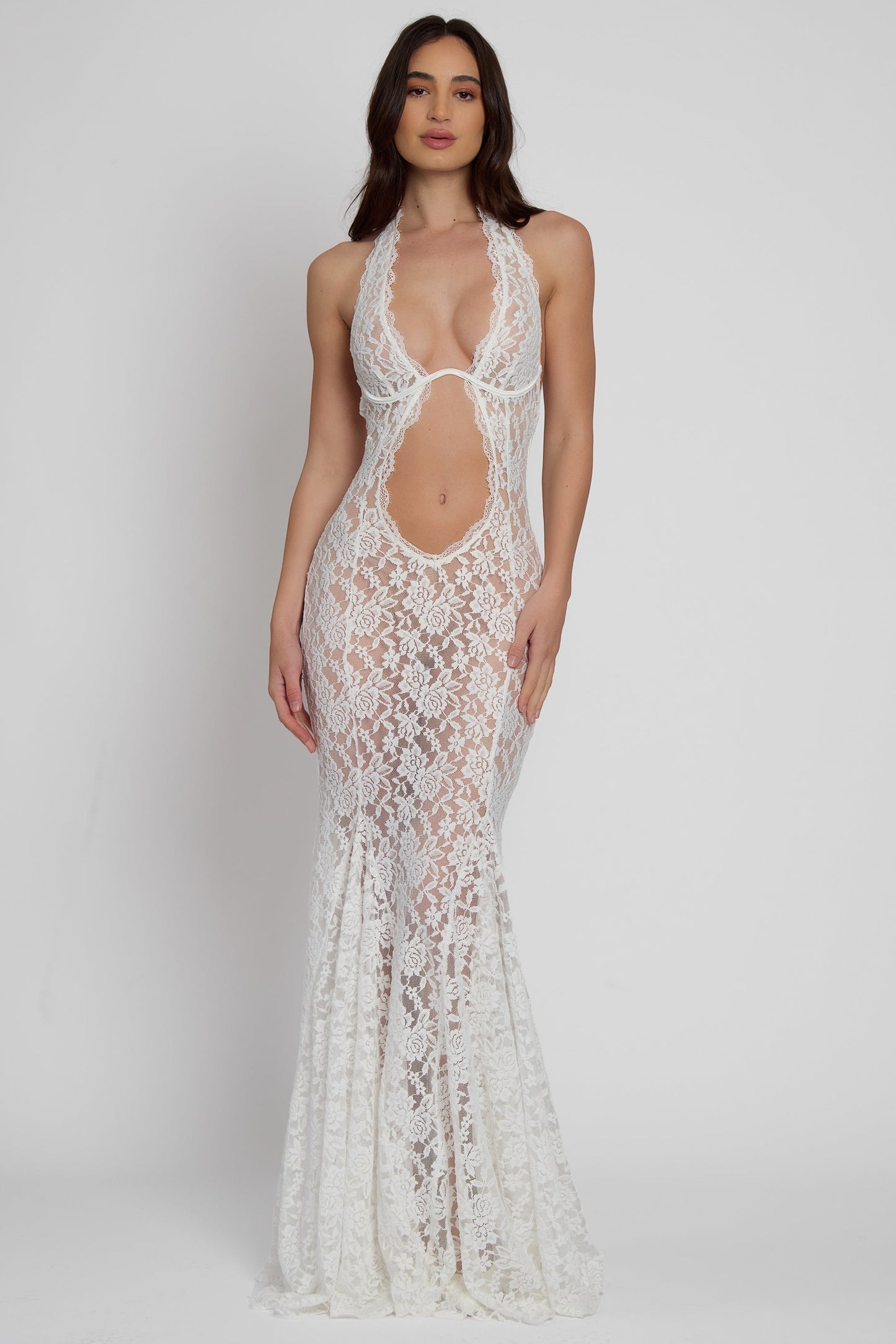 Halter Neck Floral Lace Midriff Cutout Bodycon Maxi Gown