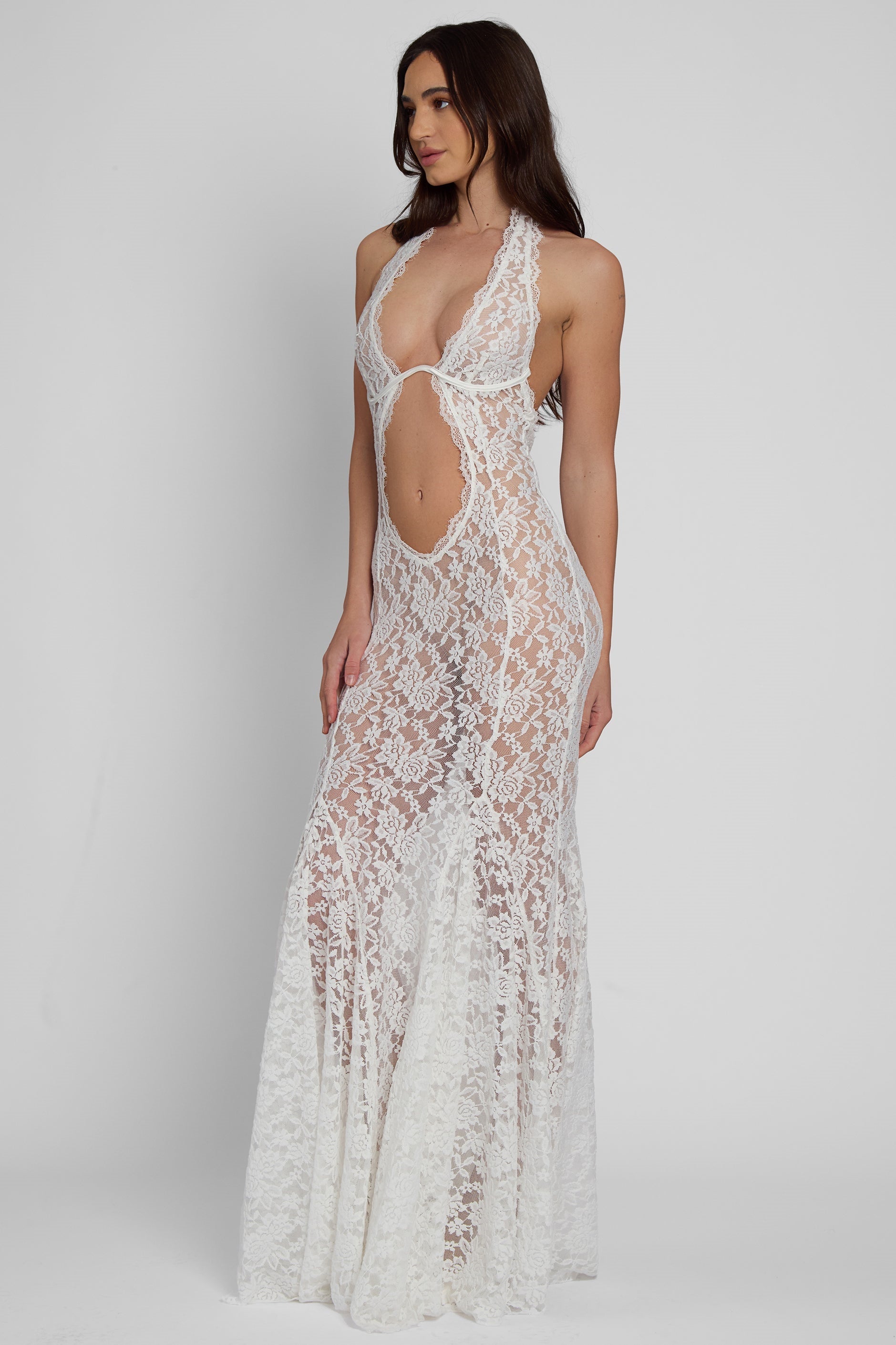 Halter Neck Floral Lace Midriff Cutout Bodycon Maxi Gown