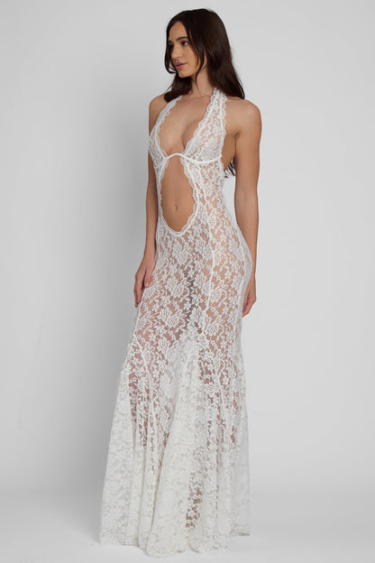 Halter Neck Floral Lace Midriff Cutout Bodycon Maxi Gown
