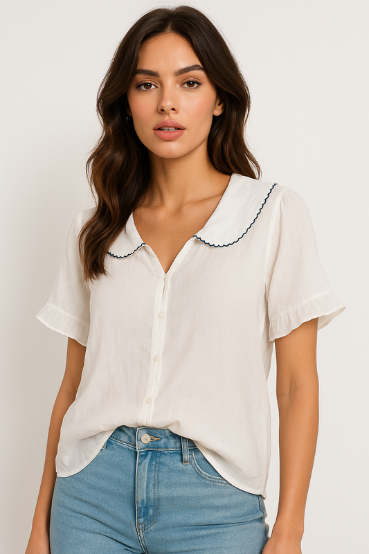 Maison Retro Doll Collar Shirt | Short Sleeve | Cotton-Linen Blend