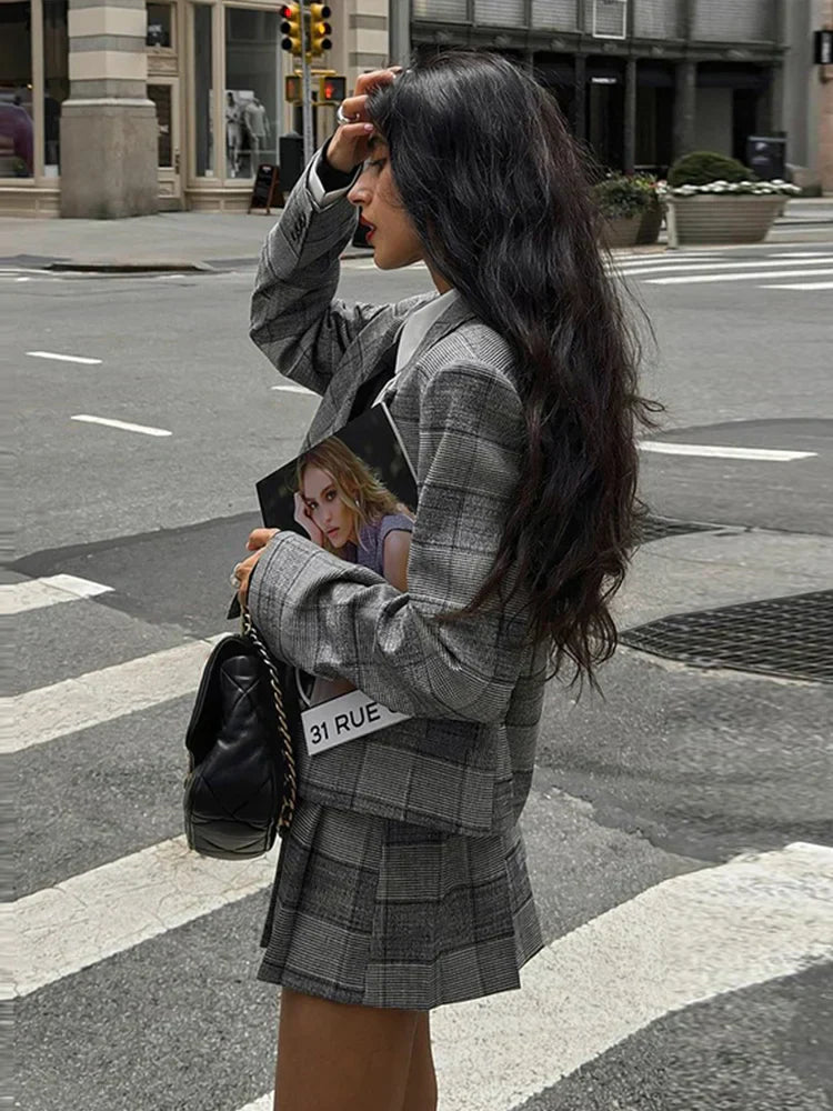 Retro Plaid Pleated Lapel Office Two Piece Set
