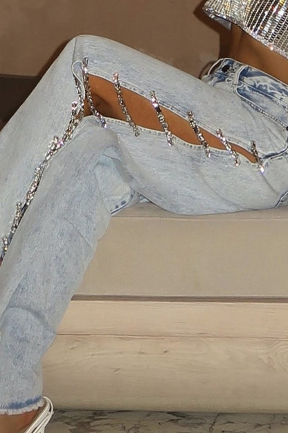 Rhinestone Chain Cutout Jeans