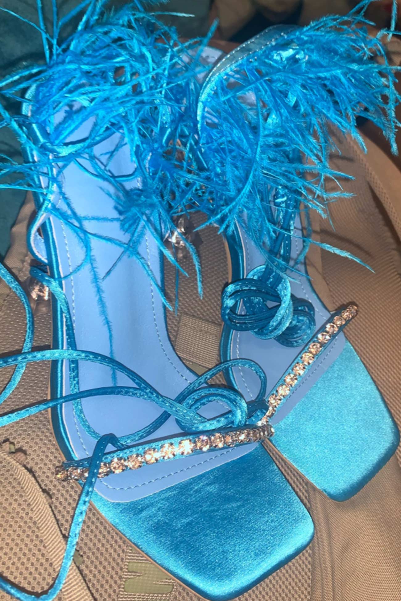 Rhinestone Feather Tie-up Square Toe Sandals