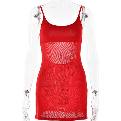 Rhinestone Suspenders Dress Backless Sleeveless Slim Fit Hip