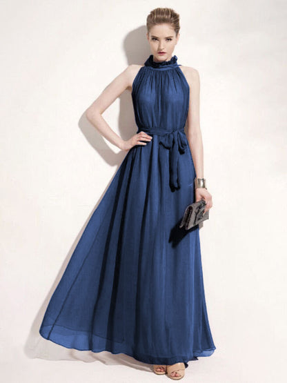 Halter Sundress Jewel Neck Lace Up Chiffon Beach Prom Maxi Dresses