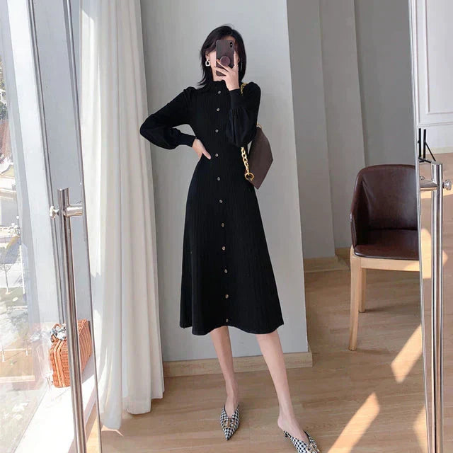 Ribbed Knit Mock Neck Puff Sleeve Button Front A-Line Midi Dress